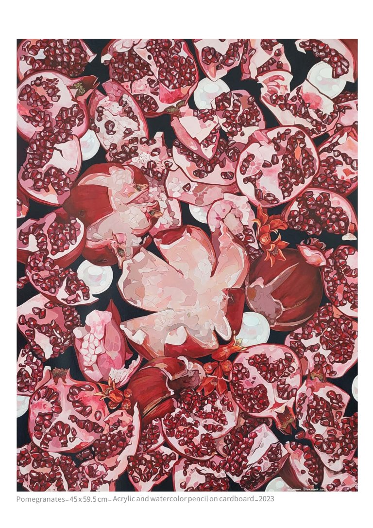 Pomegrantes - 45x59.5 cm - acrylic and watercolor pencil on cardboard - 2023