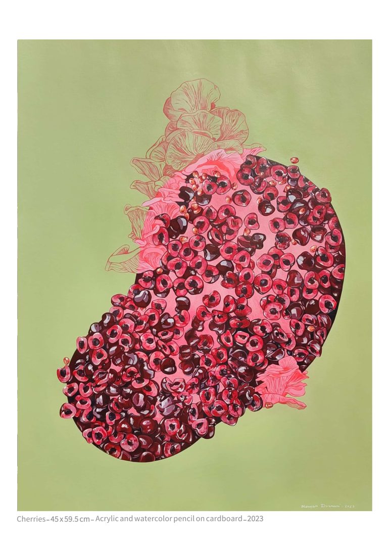 Cherries - 45x59.5 cm - acrylic and watercolor pencil on cardboard - 2023