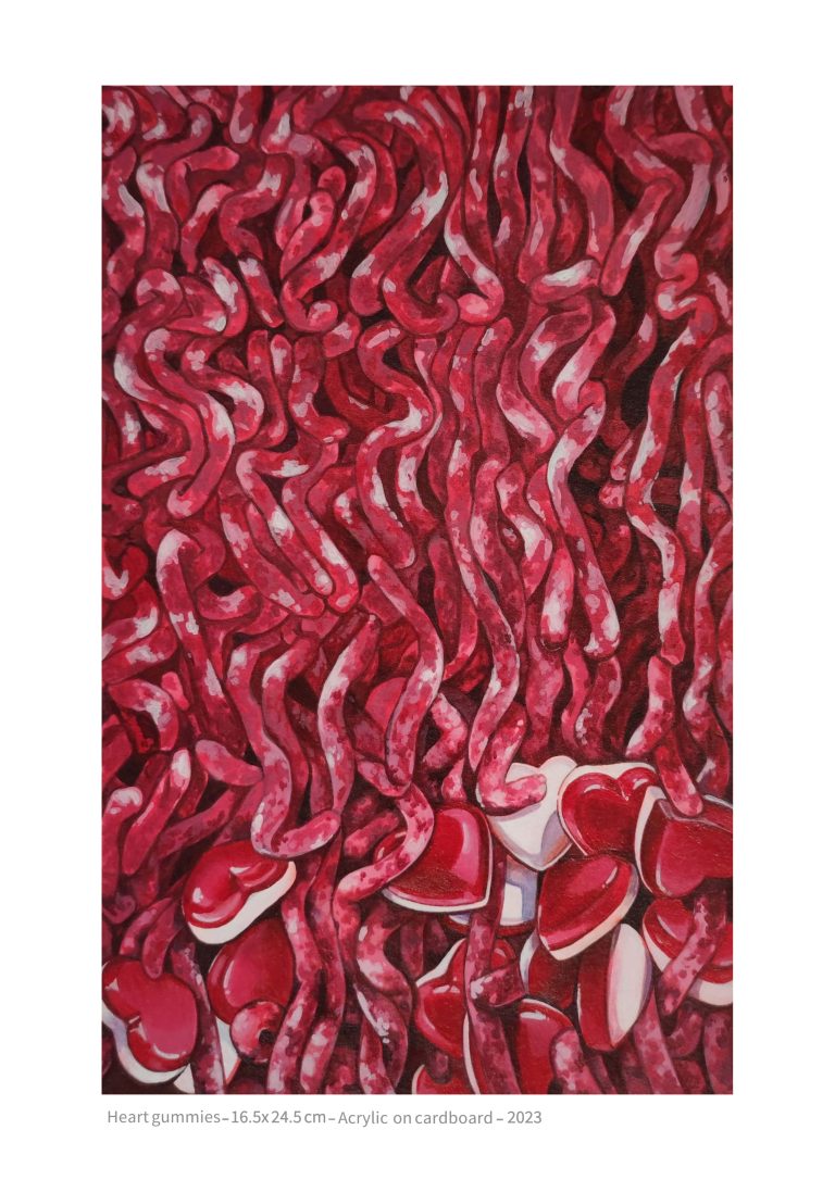 Heart gummies- 16.5x24.5 cm - acrylic on cardboard - 2023
